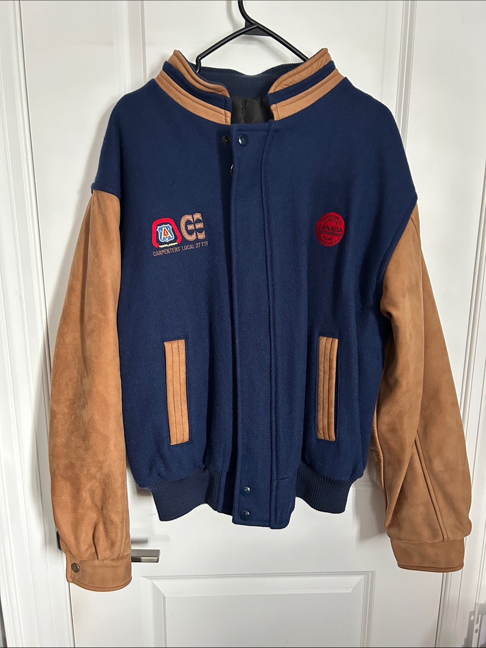 Navy Wool & Tan Leather Sleeve Varsity Workwear Size L Jacket